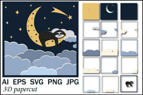 Cute Sloth Sleeps on the Moon 3D SVG for Shadow Box Crafting